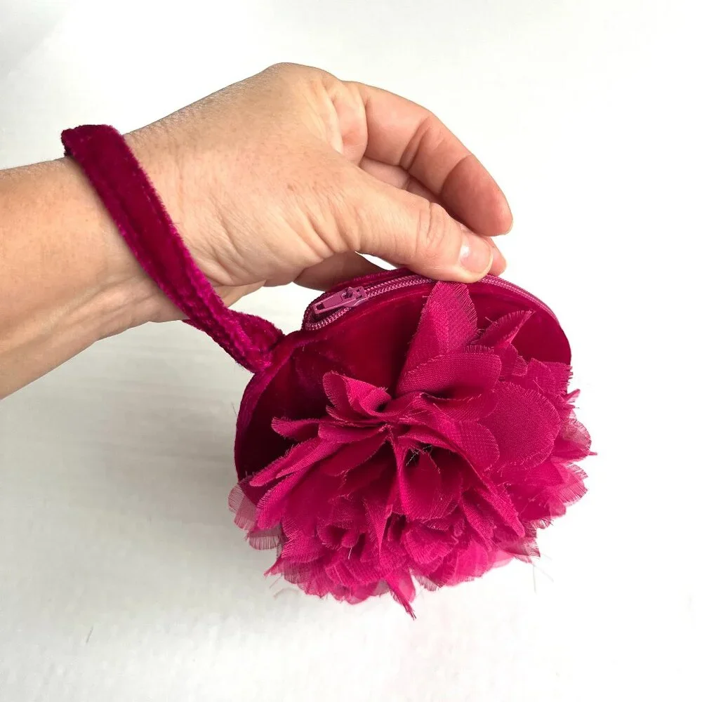 Cupcake Small Bag Wrist Clutch Wallet Velvet Flower Zip‎ Closure Hot Pink